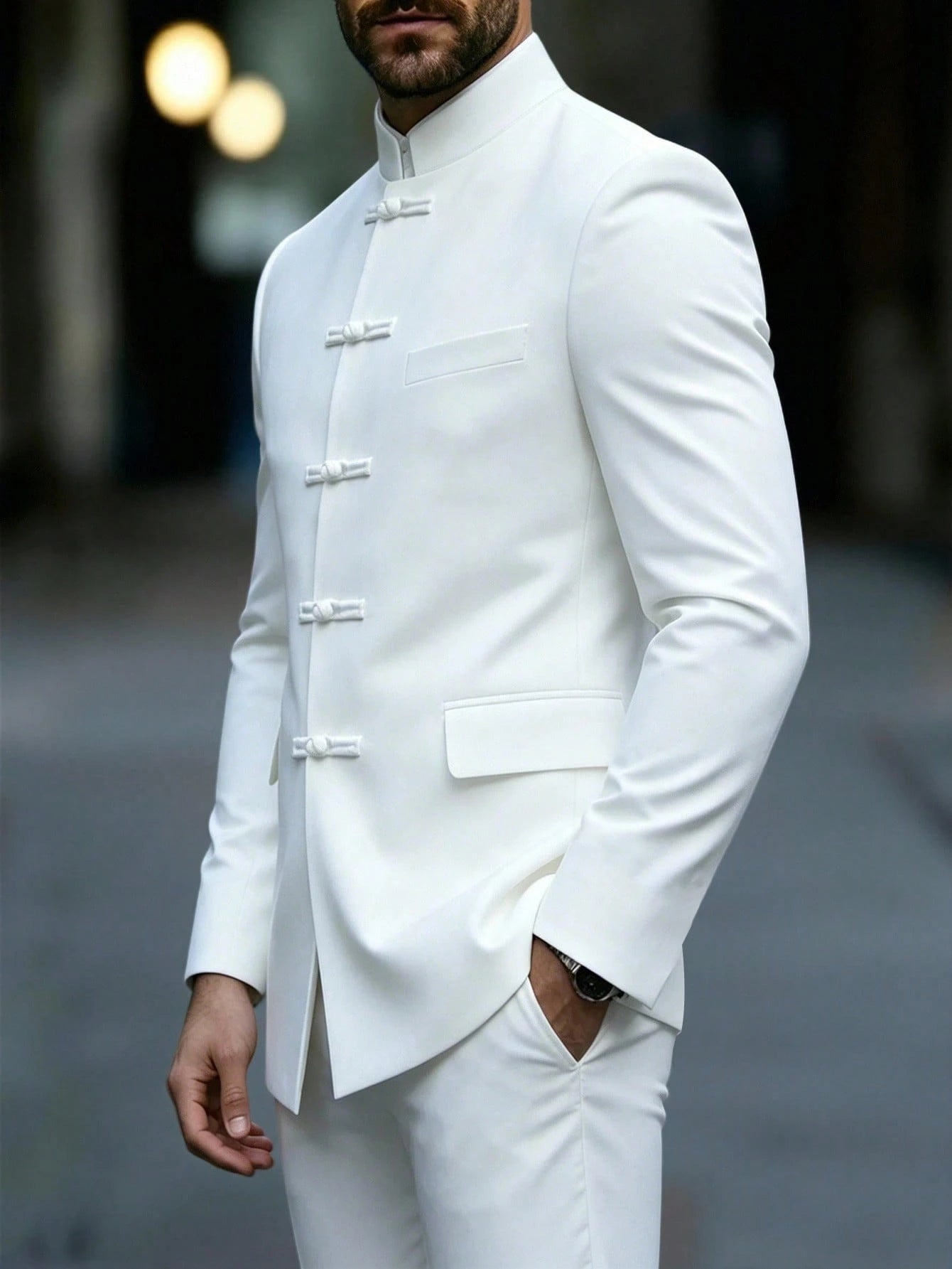 Manfinity Mode Men's Luxurious Frog Button Design Stand Collar Suit Jacket, The Stand Collar Design Provides More Style And Layering, Suitable For Daily Commute, Business, Party And Banquet Wear. This