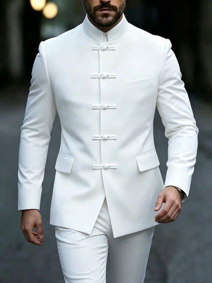 Manfinity Mode Men's Luxurious Frog Button Design Stand Collar Suit Jacket, The Stand Collar Design Provides More Style And Layering, Suitable For Daily Commute, Business, Party And Banquet Wear. This