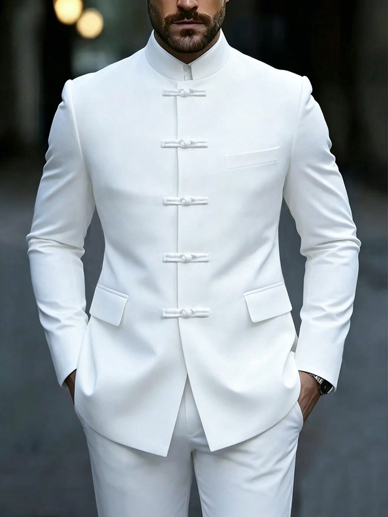 Manfinity Mode Men's Luxurious Frog Button Design Stand Collar Suit Jacket, The Stand Collar Design Provides More Style And Layering, Suitable For Daily Commute, Business, Party And Banquet Wear. This