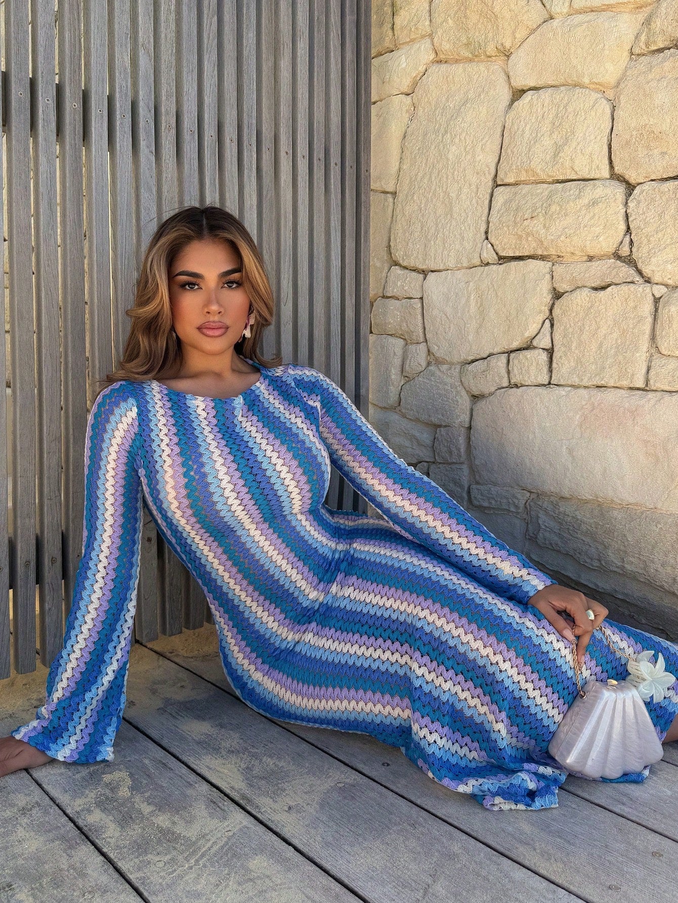 Maria Perezxox Textured Stripe Knit Flared Maxi Dress Spring Summer Vacation Boho Ibiza Elegant Beach Cute The Beach House Festival Christmas, Halloween, Fall, Winter, Resort Wear