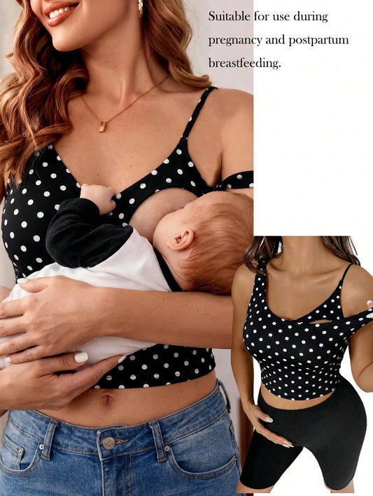 Maternity Casual Polka Dot Print Nursing Top, Summer Black Tops World Cup Sports Casual