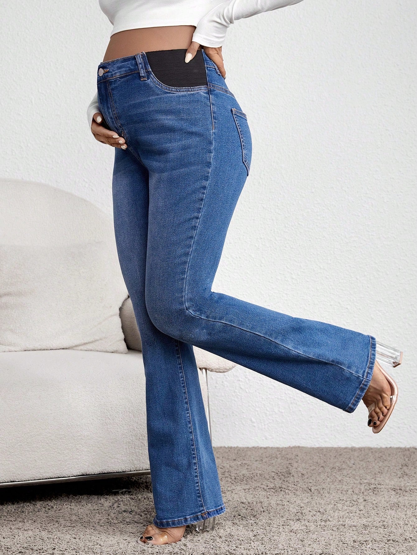 Maternity Flared Pocket Casual Versatile Jeans Women Mom Jeans