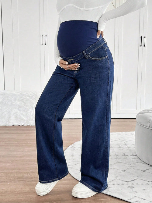 Maternity Navy Blue High Waist Wide Leg Jeans,Summer Smart Casual Everyday Elastic Waistband Patchwork Washed Denim Pants For Woman Business Street