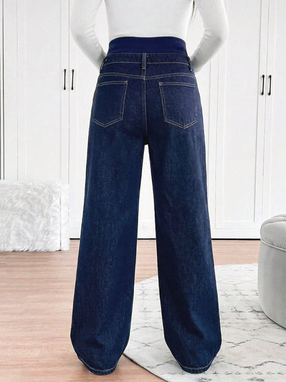 Maternity Navy Blue High Waist Wide Leg Jeans,Summer Smart Casual Everyday Elastic Waistband Patchwork Washed Denim Pants For Woman Business Street