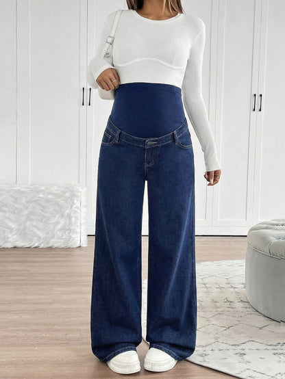 Maternity Navy Blue High Waist Wide Leg Jeans,Summer Smart Casual Everyday Elastic Waistband Patchwork Washed Denim Pants For Woman Business Street