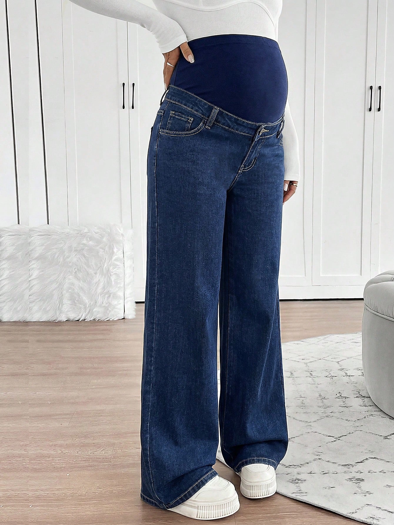 Maternity Navy Blue High Waist Wide Leg Jeans,Summer Smart Casual Everyday Elastic Waistband Patchwork Washed Denim Pants For Woman Business Street