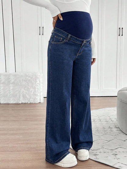 Maternity Navy Blue High Waist Wide Leg Jeans,Summer Smart Casual Everyday Elastic Waistband Patchwork Washed Denim Pants For Woman Business Street