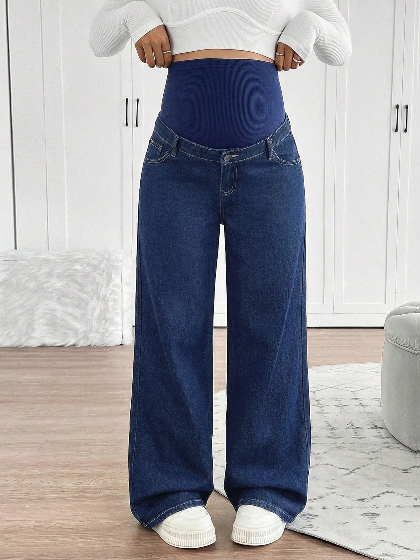 Maternity Navy Blue High Waist Wide Leg Jeans,Summer Smart Casual Everyday Elastic Waistband Patchwork Washed Denim Pants For Woman Business Street