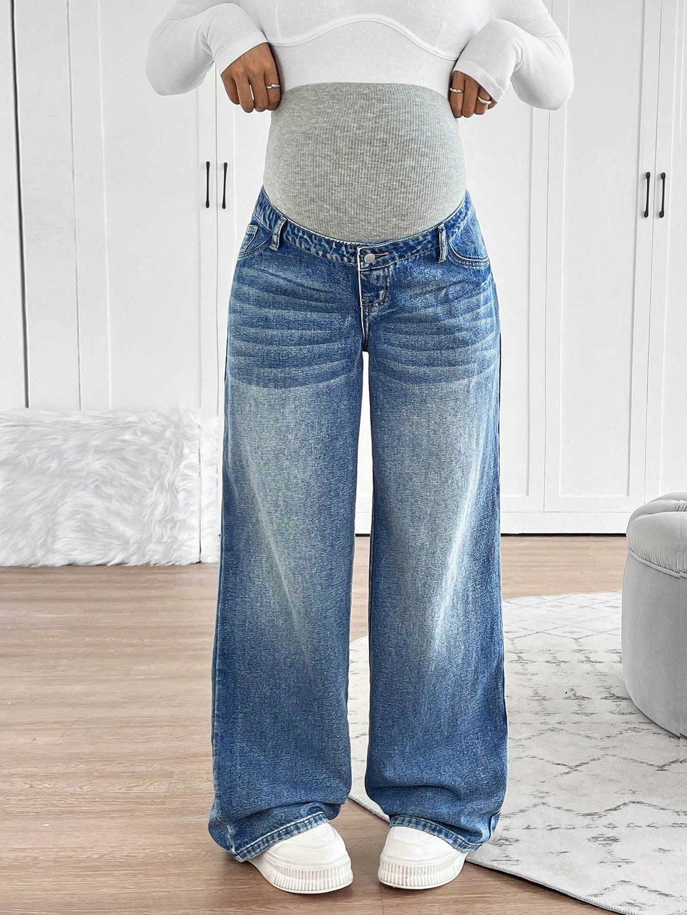Maternity Navy Blue High Waist Wide Leg Jeans,Summer Smart Casual Everyday Elastic Waistband Patchwork Washed Denim Pants For Woman Business Street