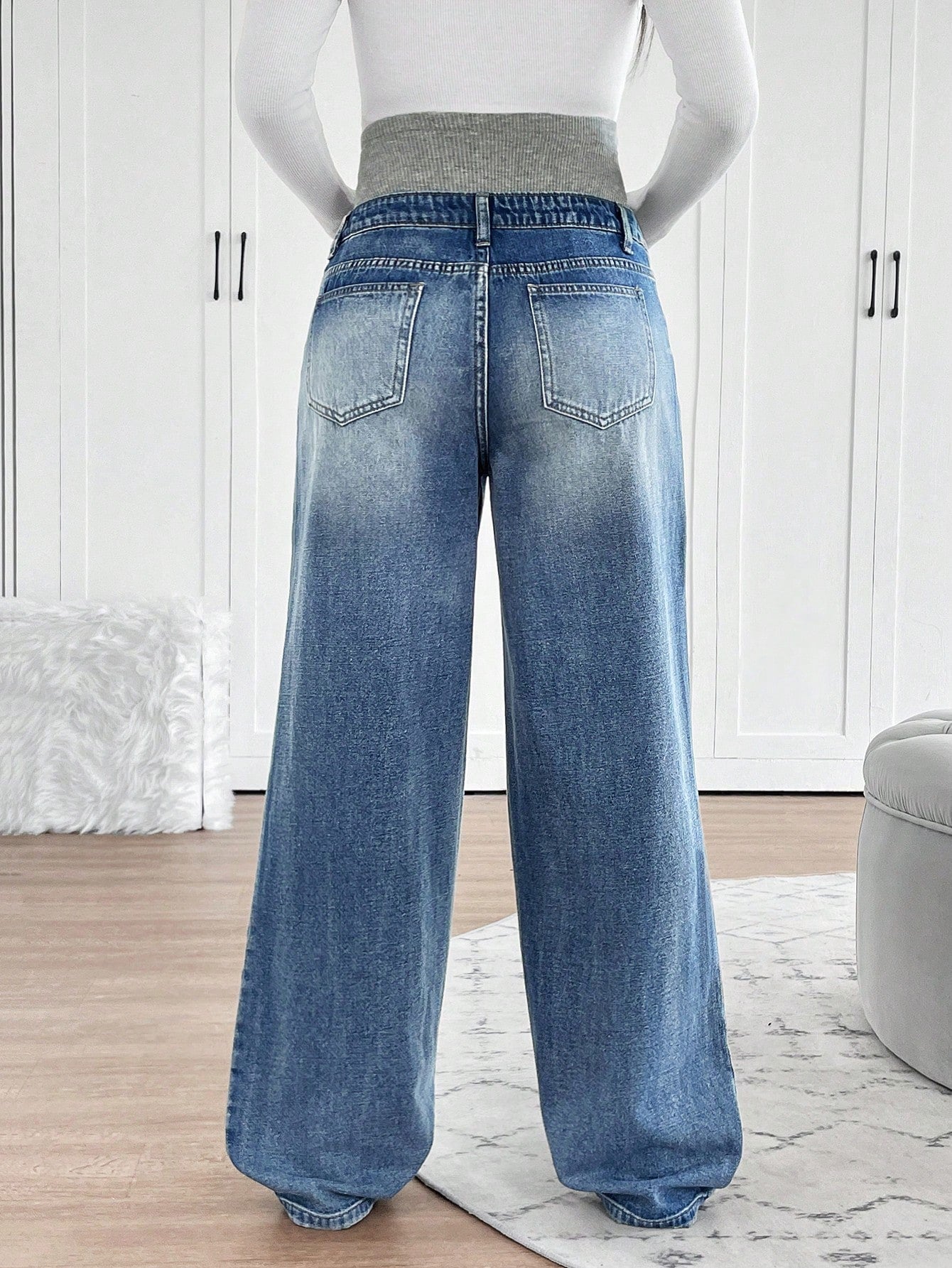 Maternity Navy Blue High Waist Wide Leg Jeans,Summer Smart Casual Everyday Elastic Waistband Patchwork Washed Denim Pants For Woman Business Street