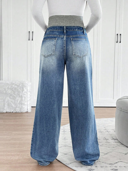 Maternity Navy Blue High Waist Wide Leg Jeans,Summer Smart Casual Everyday Elastic Waistband Patchwork Washed Denim Pants For Woman Business Street