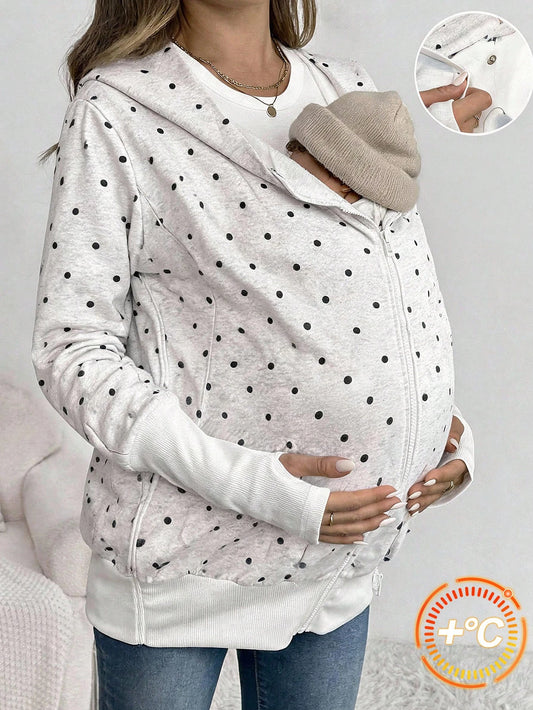Maternity Polka Dot Pattern Zipper Front Hooded 3-In-1 Jacket Fall