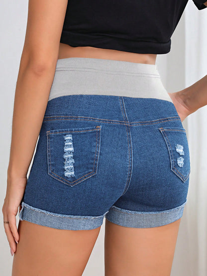 Maternity Solid Color Casual Denim Shorts
