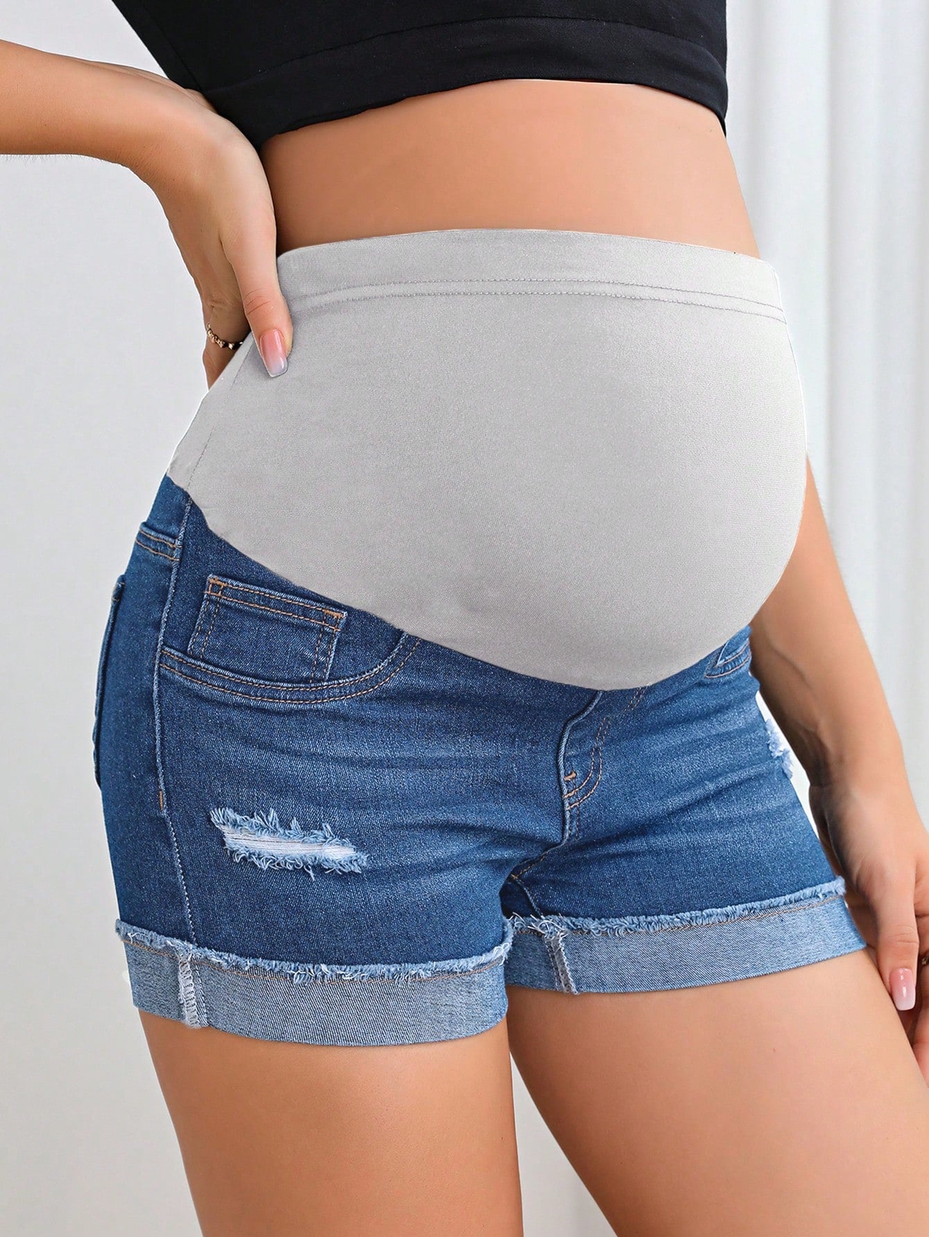 Maternity Solid Color Casual Denim Shorts