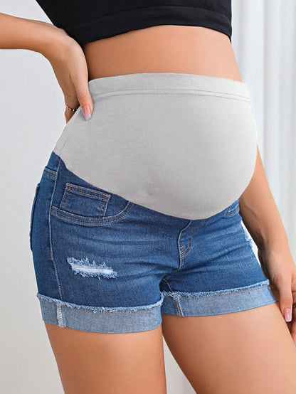 Maternity Solid Color Casual Denim Shorts