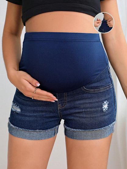 Maternity Solid Color Casual Denim Shorts