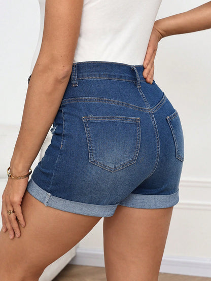 Maternity Summer Casual Dusty Blue Washed Distressed Denim Shorts,Women's Plus Size Elastic Waist Chic Y2k Streetwear Party Elegant Business Costume