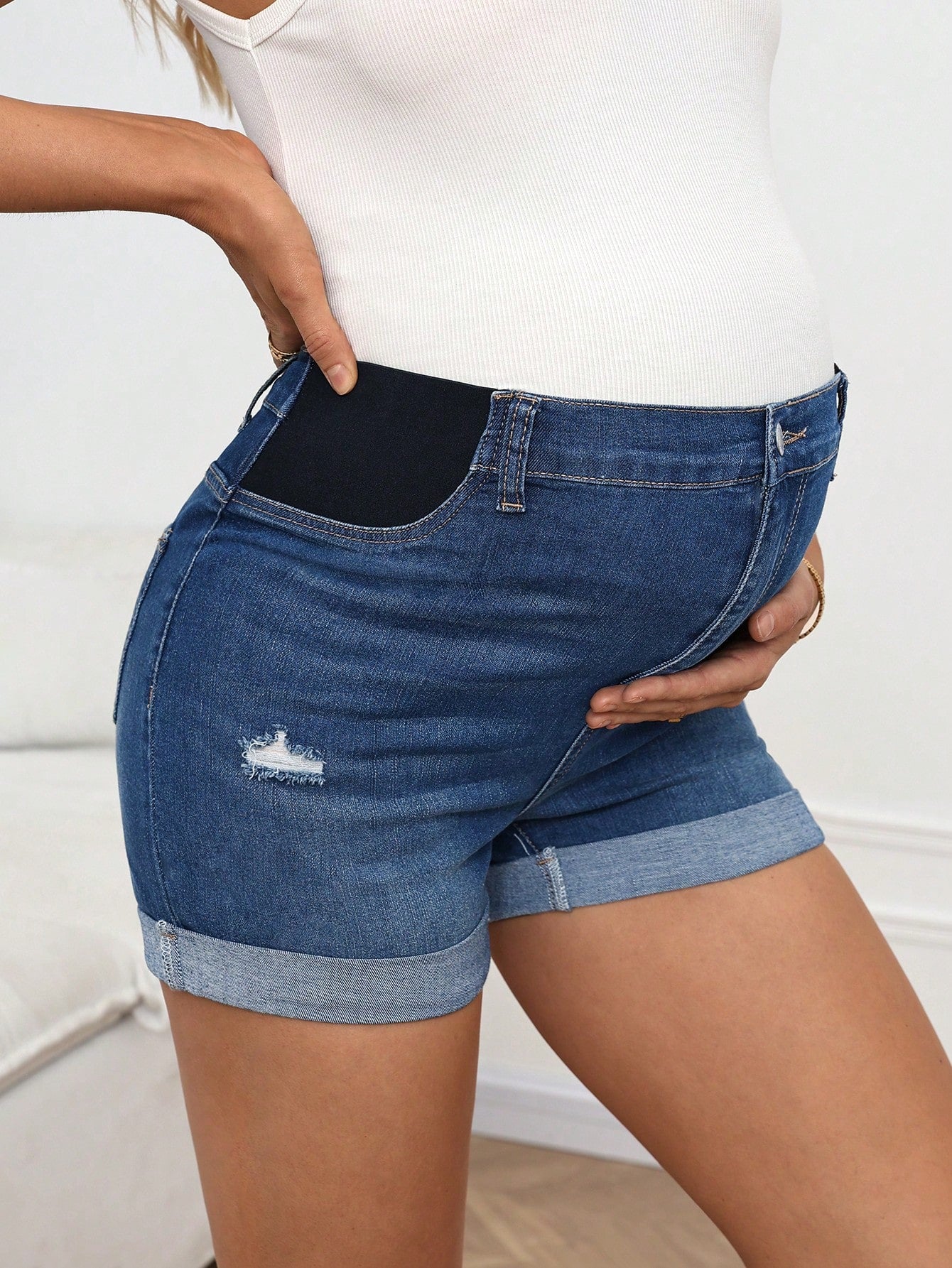 Maternity Summer Casual Dusty Blue Washed Distressed Denim Shorts,Women's Plus Size Elastic Waist Chic Y2k Streetwear Party Elegant Business Costume