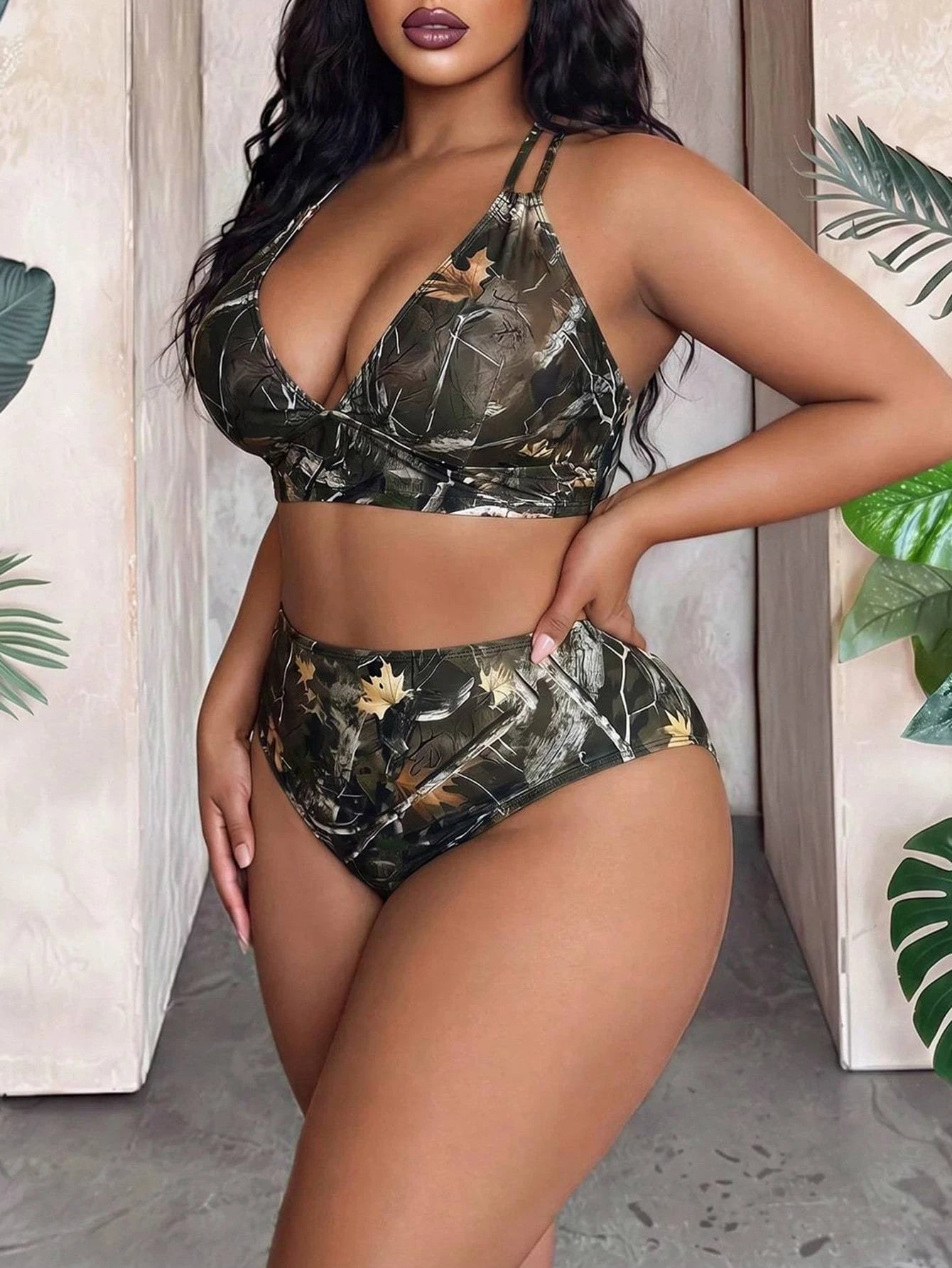 Maweii Plus Size Summer Vacation Tree Branch Print Bikini Set Beach