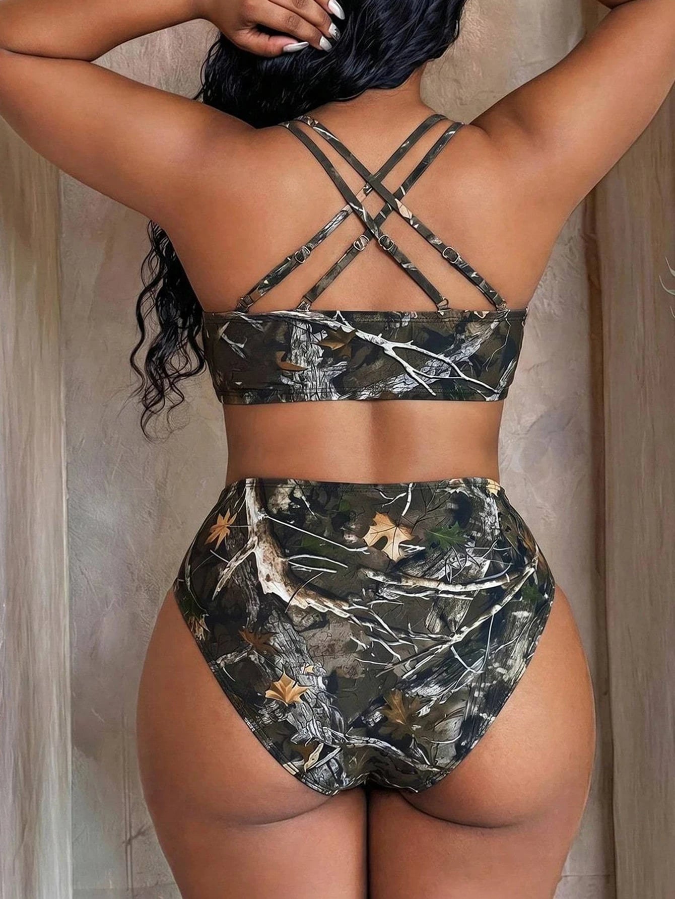Maweii Plus Size Summer Vacation Tree Branch Print Bikini Set Beach