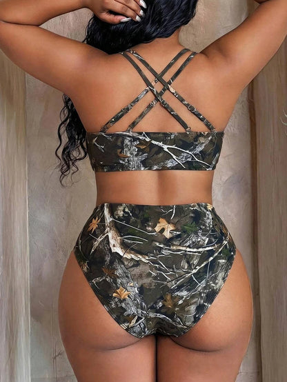 Maweii Plus Size Summer Vacation Tree Branch Print Bikini Set Beach
