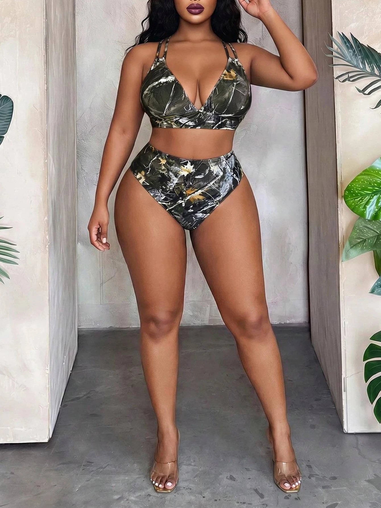 Maweii Plus Size Summer Vacation Tree Branch Print Bikini Set Beach