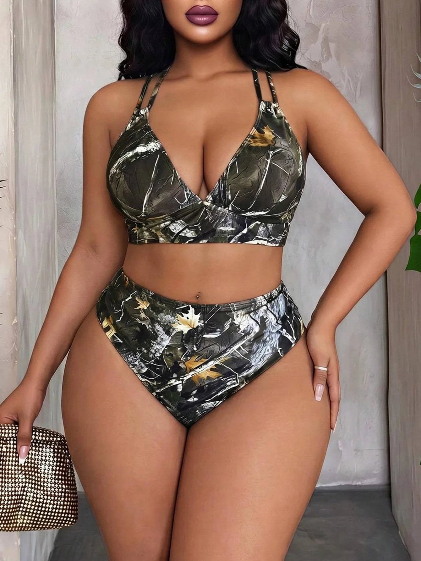 Maweii Plus Size Summer Vacation Tree Branch Print Bikini Set Beach