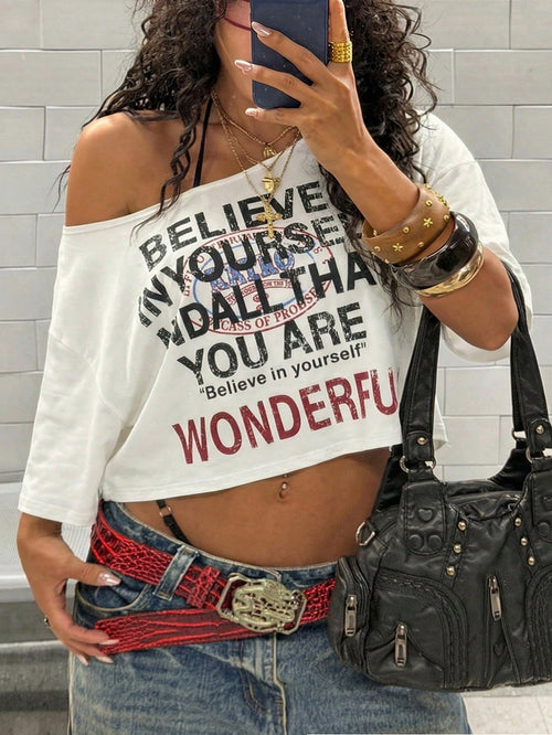 Maweii Plus Size Women's Sexy Casual Summer One Shoulder Loose Letter Print White Personalized Street Top T-Shirt