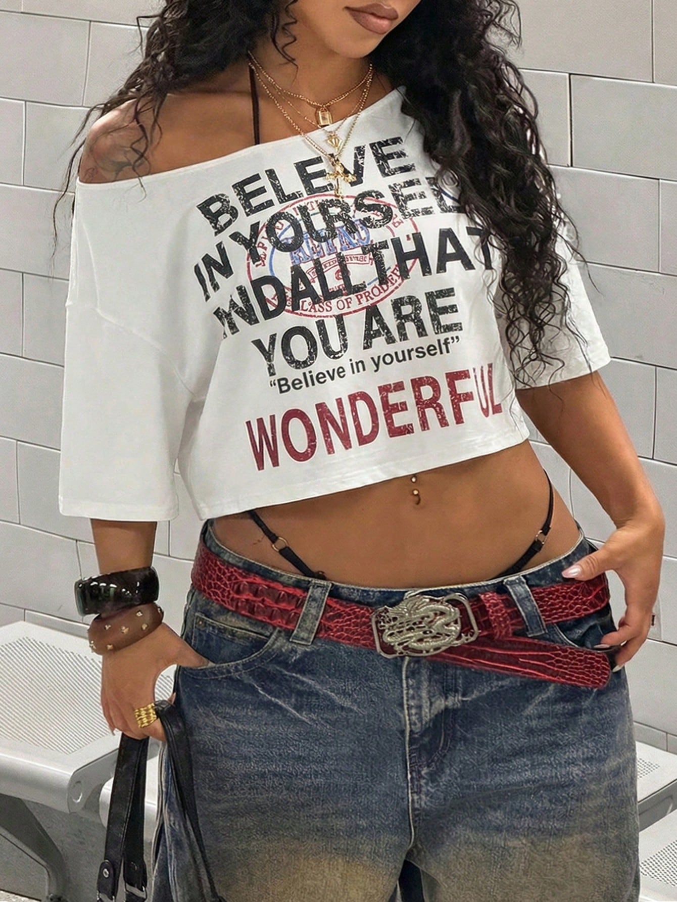Maweii Plus Size Women's Sexy Casual Summer One Shoulder Loose Letter Print White Personalized Street Top T-Shirt