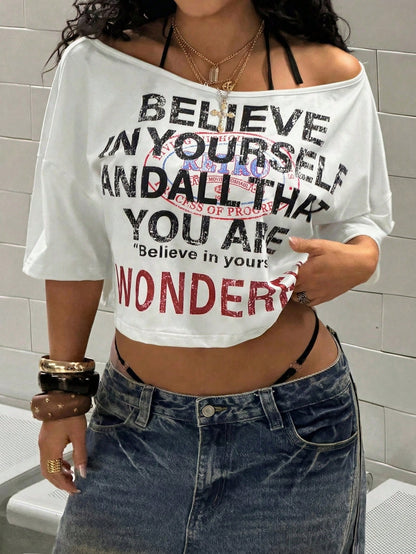 Maweii Plus Size Women's Sexy Casual Summer One Shoulder Loose Letter Print White Personalized Street Top T-Shirt