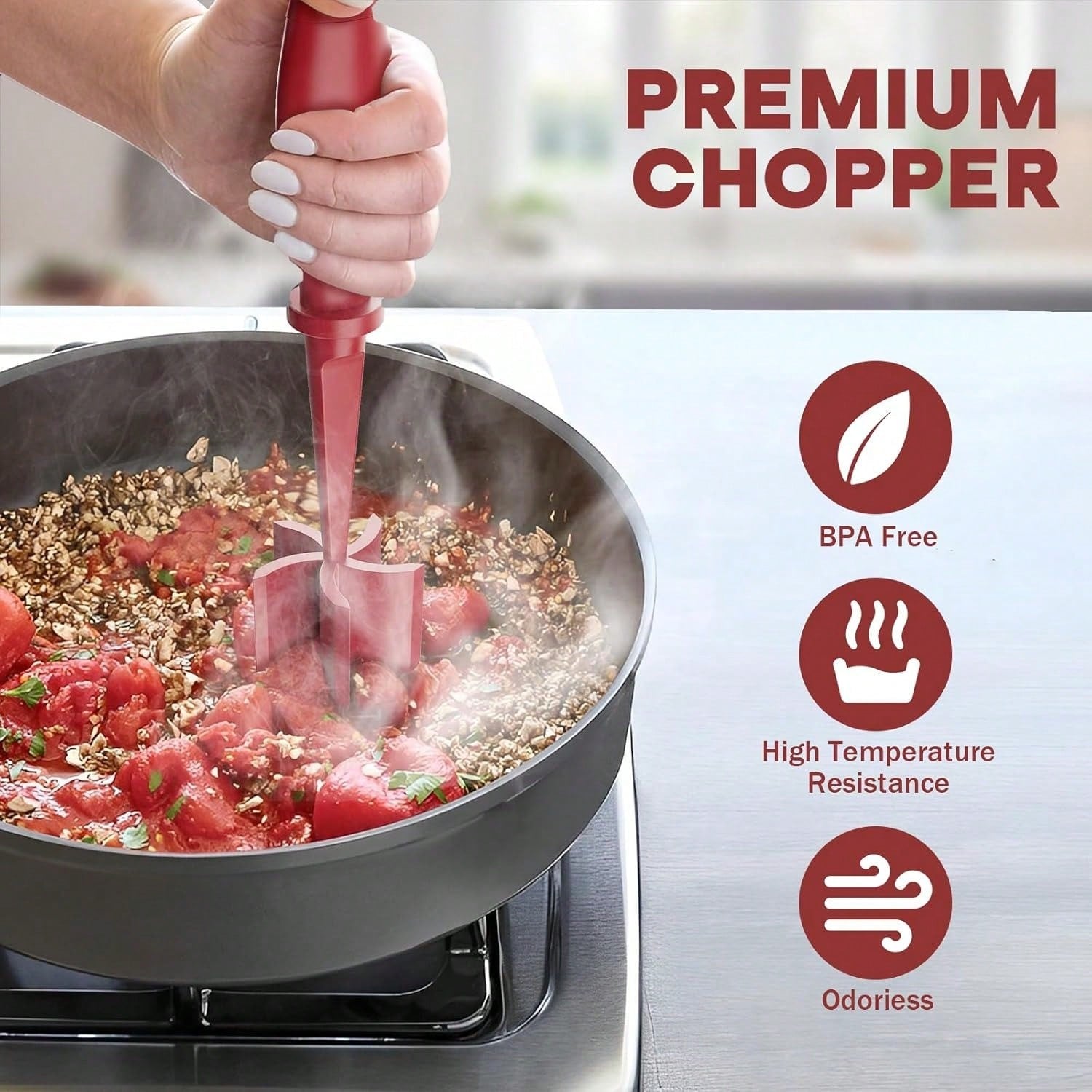 Meat Chopper, Upgrade Hamburger Smasher, Premium Heat Resistant Meat Masher For Ground Beef, Ground Turkey And More, Non Stick Mix Grinder-Red
