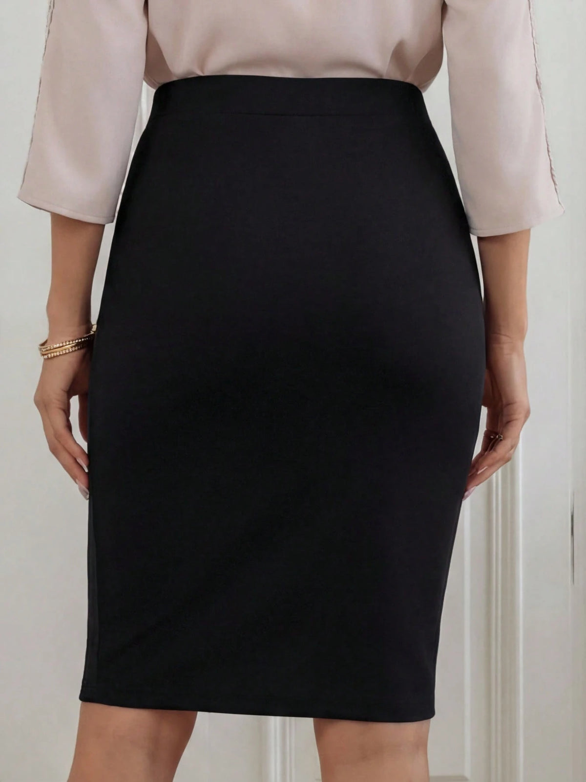 Medorina Women Minimalist Elegant Casual Solid Color Slit Pencil Skirt Teachers' Day Office Business Black Autumn