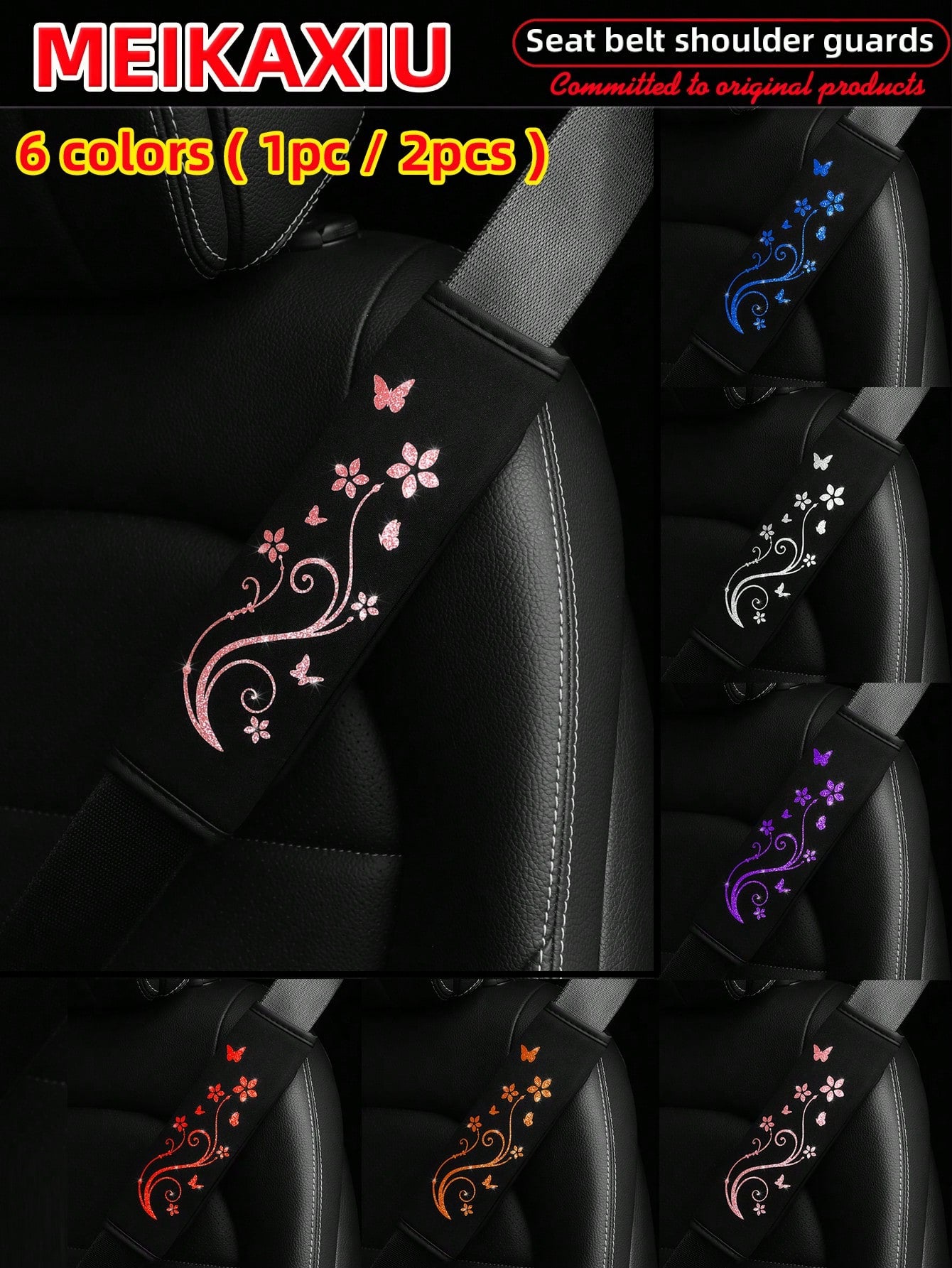 MEIKAXIU 1pc/2pcs Breathable Fabric Shiny Butterfly Blingbling Soft Car Seat Belt Covers, Decoration To Prevent Tightness, Relieve Pressure, Comfortable Car Interior Accessories, For Women
