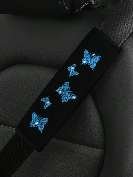 MEIKAXIU 1pc Flashy Pink Butterfly Bling Fabric Car Seat-Belt Shoulder Pad Cover For Comfortable Anti-Pressure And Anti-Chafing,Car Accessories Women