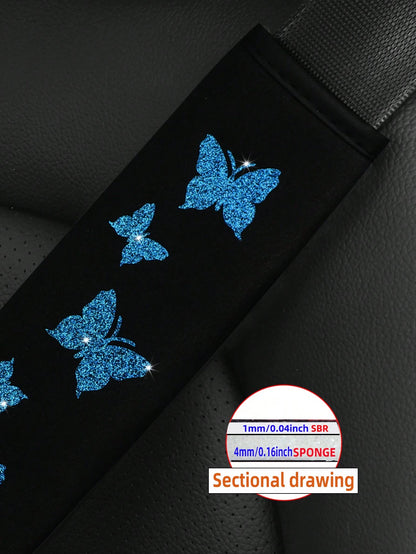 MEIKAXIU 1pc Flashy Pink Butterfly Bling Fabric Car Seat-Belt Shoulder Pad Cover For Comfortable Anti-Pressure And Anti-Chafing,Car Accessories Women