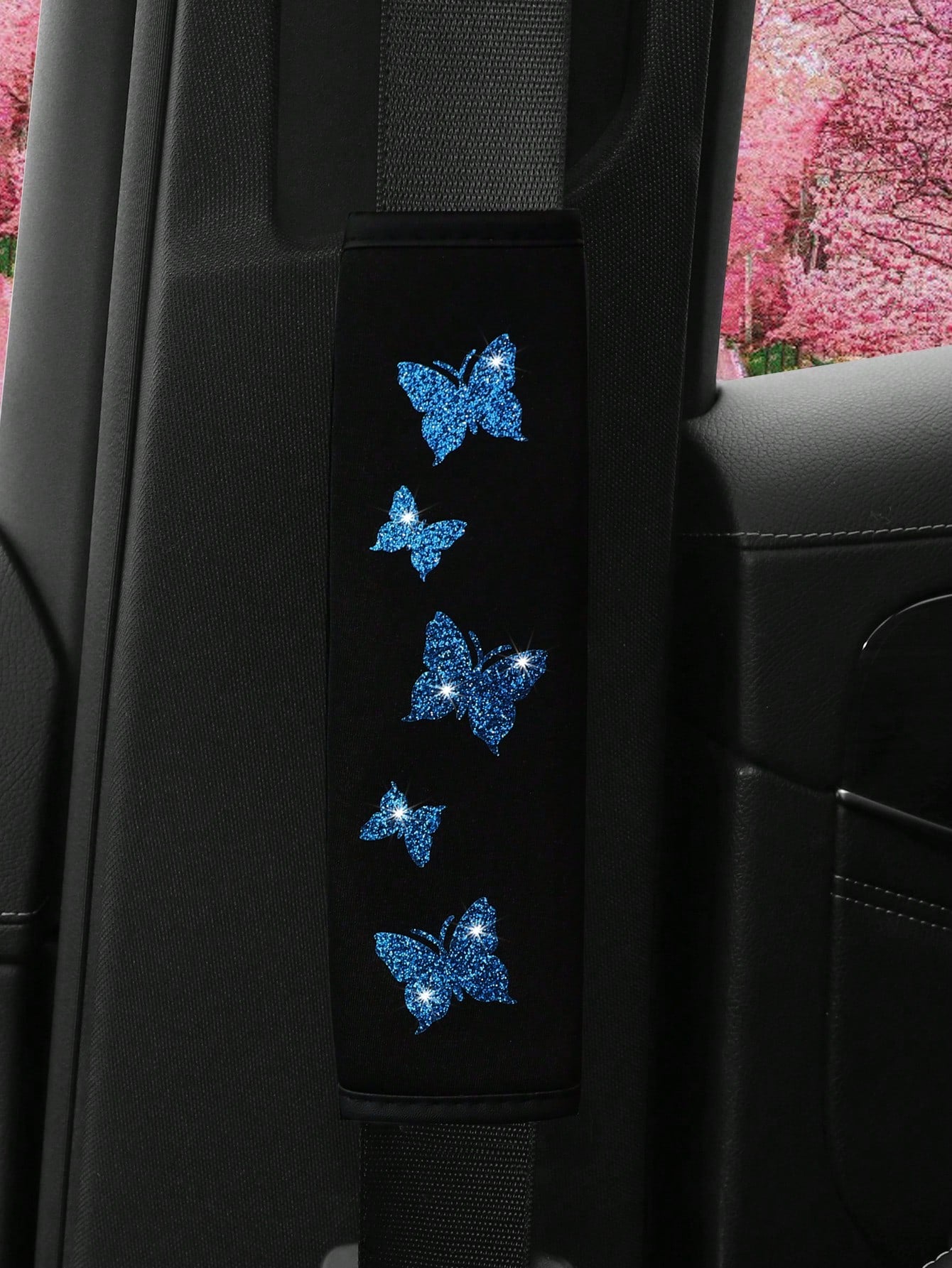 MEIKAXIU 1pc Flashy Pink Butterfly Bling Fabric Car Seat-Belt Shoulder Pad Cover For Comfortable Anti-Pressure And Anti-Chafing,Car Accessories Women