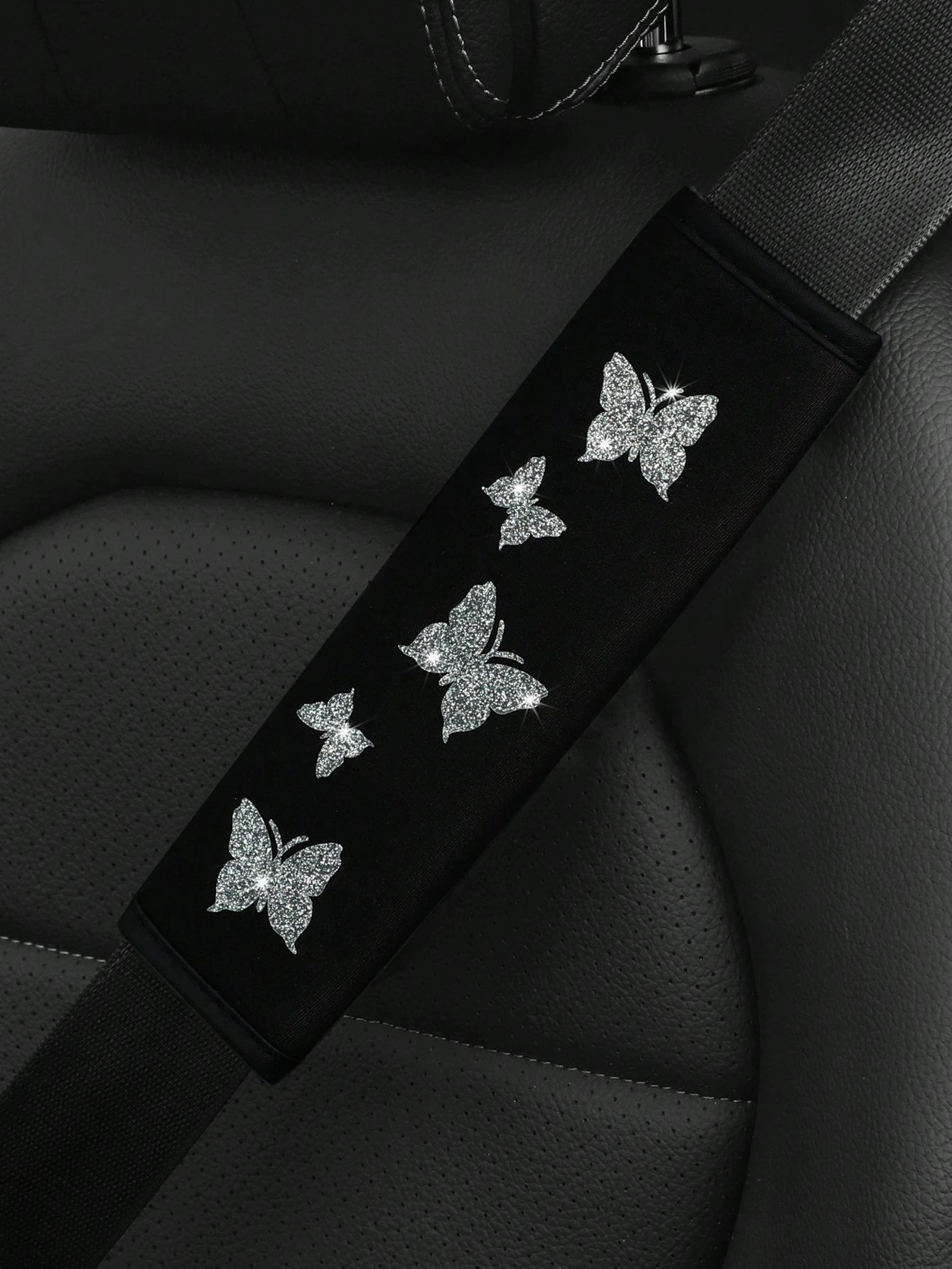 MEIKAXIU 1pc Flashy Pink Butterfly Bling Fabric Car Seat-Belt Shoulder Pad Cover For Comfortable Anti-Pressure And Anti-Chafing,Car Accessories Women