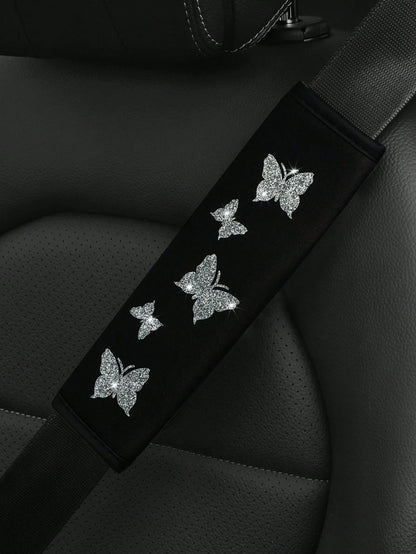 MEIKAXIU 1pc Flashy Pink Butterfly Bling Fabric Car Seat-Belt Shoulder Pad Cover For Comfortable Anti-Pressure And Anti-Chafing,Car Accessories Women