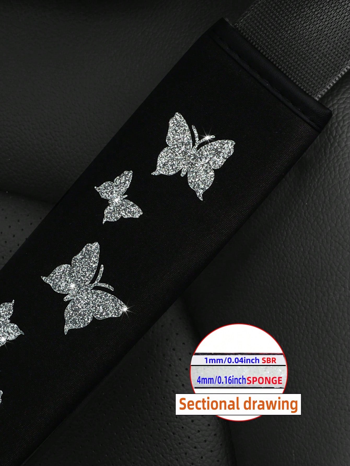 MEIKAXIU 1pc Flashy Pink Butterfly Bling Fabric Car Seat-Belt Shoulder Pad Cover For Comfortable Anti-Pressure And Anti-Chafing,Car Accessories Women