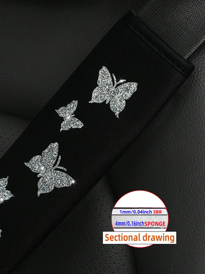MEIKAXIU 1pc Flashy Pink Butterfly Bling Fabric Car Seat-Belt Shoulder Pad Cover For Comfortable Anti-Pressure And Anti-Chafing,Car Accessories Women