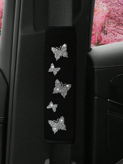 MEIKAXIU 1pc Flashy Pink Butterfly Bling Fabric Car Seat-Belt Shoulder Pad Cover For Comfortable Anti-Pressure And Anti-Chafing,Car Accessories Women