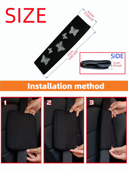 MEIKAXIU 1pc Flashy Pink Butterfly Bling Fabric Car Seat-Belt Shoulder Pad Cover For Comfortable Anti-Pressure And Anti-Chafing,Car Accessories Women