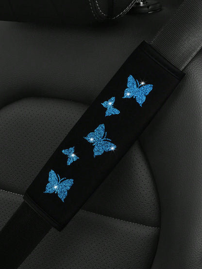 MEIKAXIU 1pc Flashy Pink Butterfly Bling Fabric Car Seat-Belt Shoulder Pad Cover For Comfortable Anti-Pressure And Anti-Chafing,Car Accessories Women
