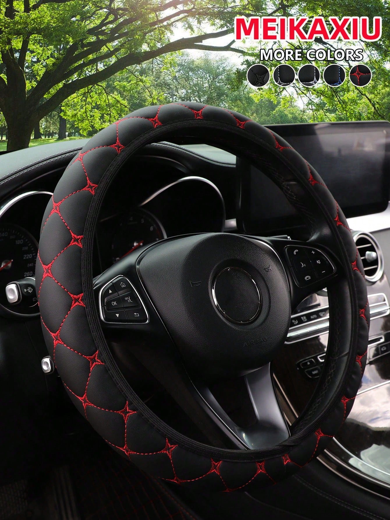 MEIKAXIU 1pc PU Leather Embroidered Soft & Comfortable Car Steering Wheel Cover, Fits 15inch, Black/Red/Blue, Unisex Car Interior Accessories