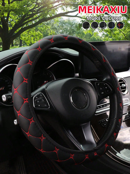 MEIKAXIU 1pc PU Leather Embroidered Soft & Comfortable Car Steering Wheel Cover, Fits 15inch, Black/Red/Blue, Unisex Car Interior Accessories
