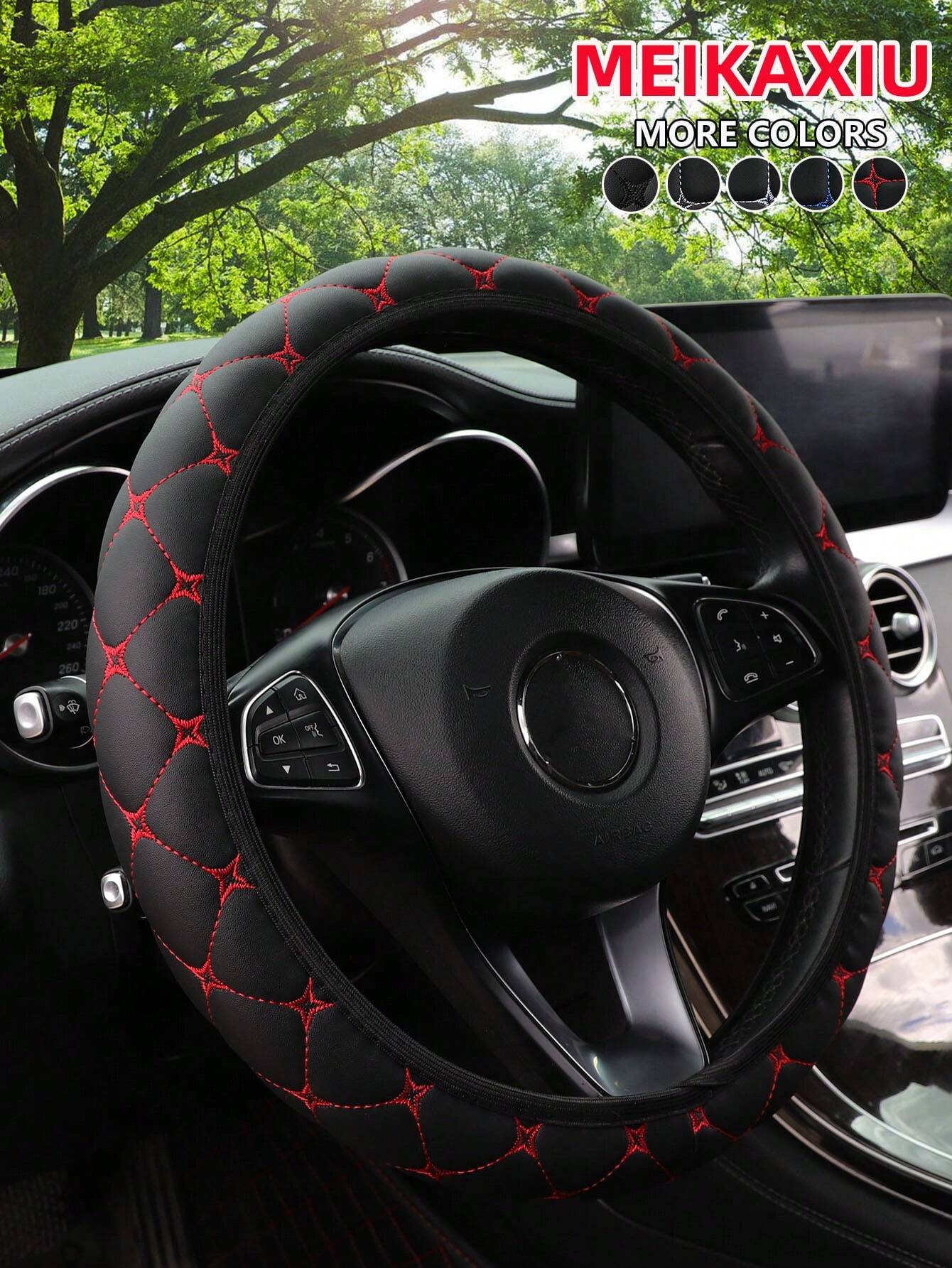 MEIKAXIU 1pc PU Leather Embroidered Soft & Comfortable Car Steering Wheel Cover, Fits 15inch, Black/Red/Blue, Unisex Car Interior Accessories