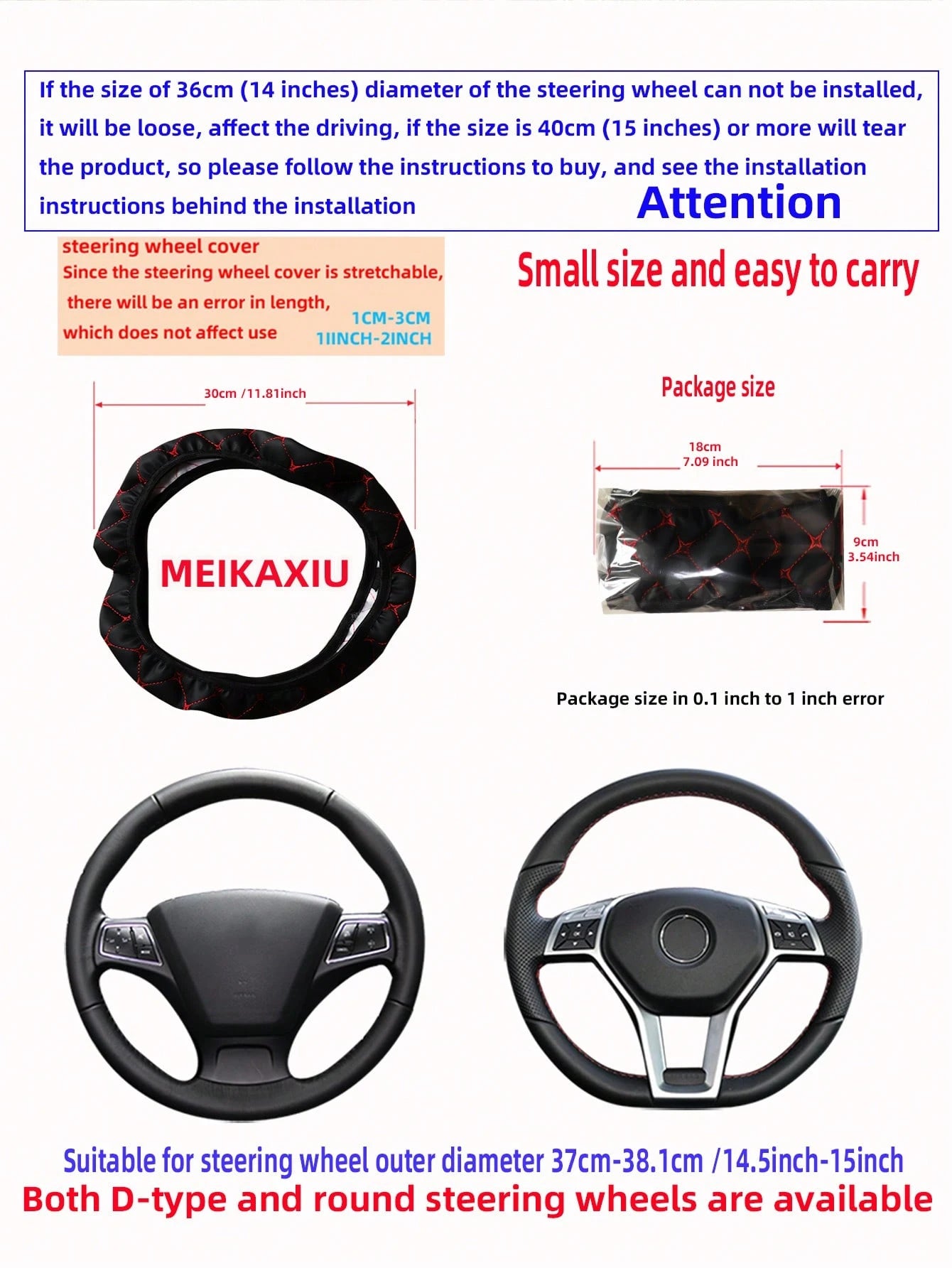 MEIKAXIU 1pc PU Leather Embroidered Soft & Comfortable Car Steering Wheel Cover, Fits 15inch, Black/Red/Blue, Unisex Car Interior Accessories