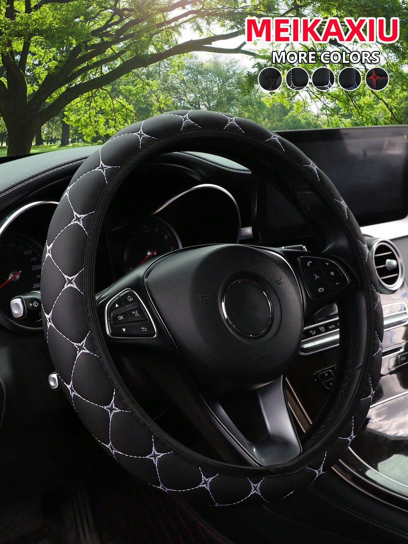 MEIKAXIU 1pc PU Leather Embroidered Soft & Comfortable Car Steering Wheel Cover, Fits 15inch, Black/Red/Blue, Unisex Car Interior Accessories