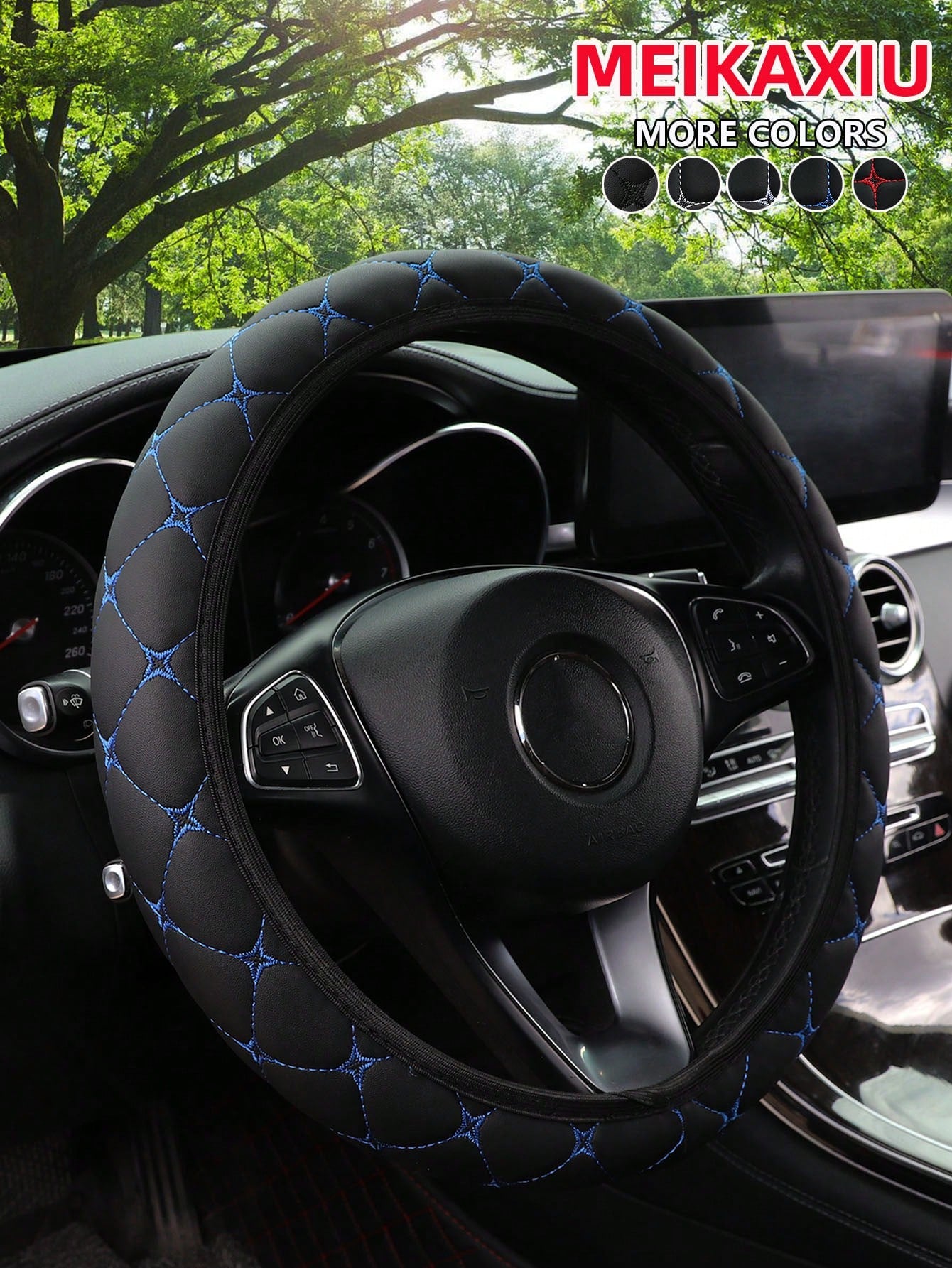 MEIKAXIU 1pc PU Leather Embroidered Soft & Comfortable Car Steering Wheel Cover, Fits 15inch, Black/Red/Blue, Unisex Car Interior Accessories