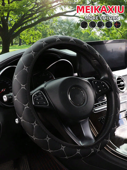 MEIKAXIU 1pc PU Leather Embroidered Soft & Comfortable Car Steering Wheel Cover, Fits 15inch, Black/Red/Blue, Unisex Car Interior Accessories